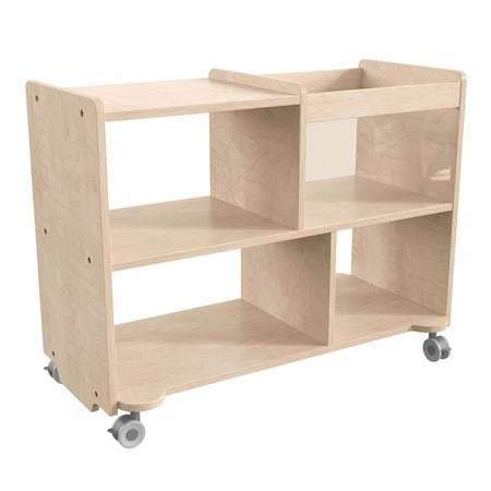Flash Furniture Bright Beginnings Commercial Double Sided Space Saving Wooden Mobile Storage Cart - Locking Casters, 4 Compartments, 1 Clear Bin, Lower Shelf, Natural MK-KE24251-GG